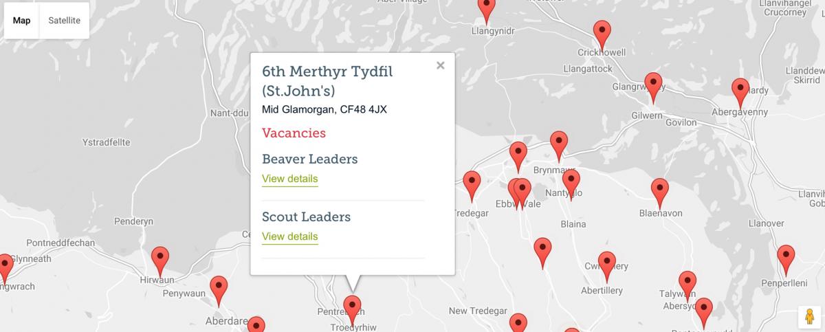 Map showing the locations of ScoutsCymru Vacancies